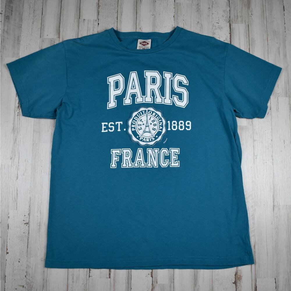 Y2K Paris France Graphic T-shirt Women's XL Short Sleeve Teal Top Cotton Travel